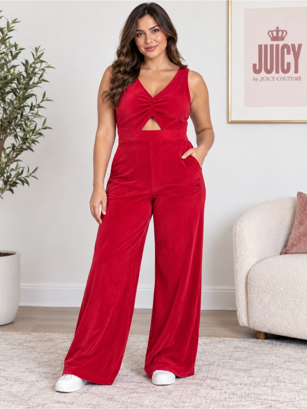NWT Juicy Couture Red Velour Jumpsuit Women’s Large Ruched Cutout Wide Leg